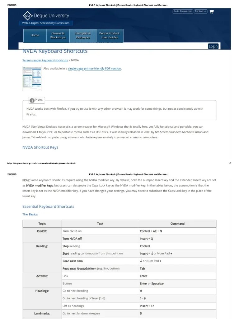 NVDA Keyboard Shortcuts Screen Reader Keyboard Shortcuts and Gestures