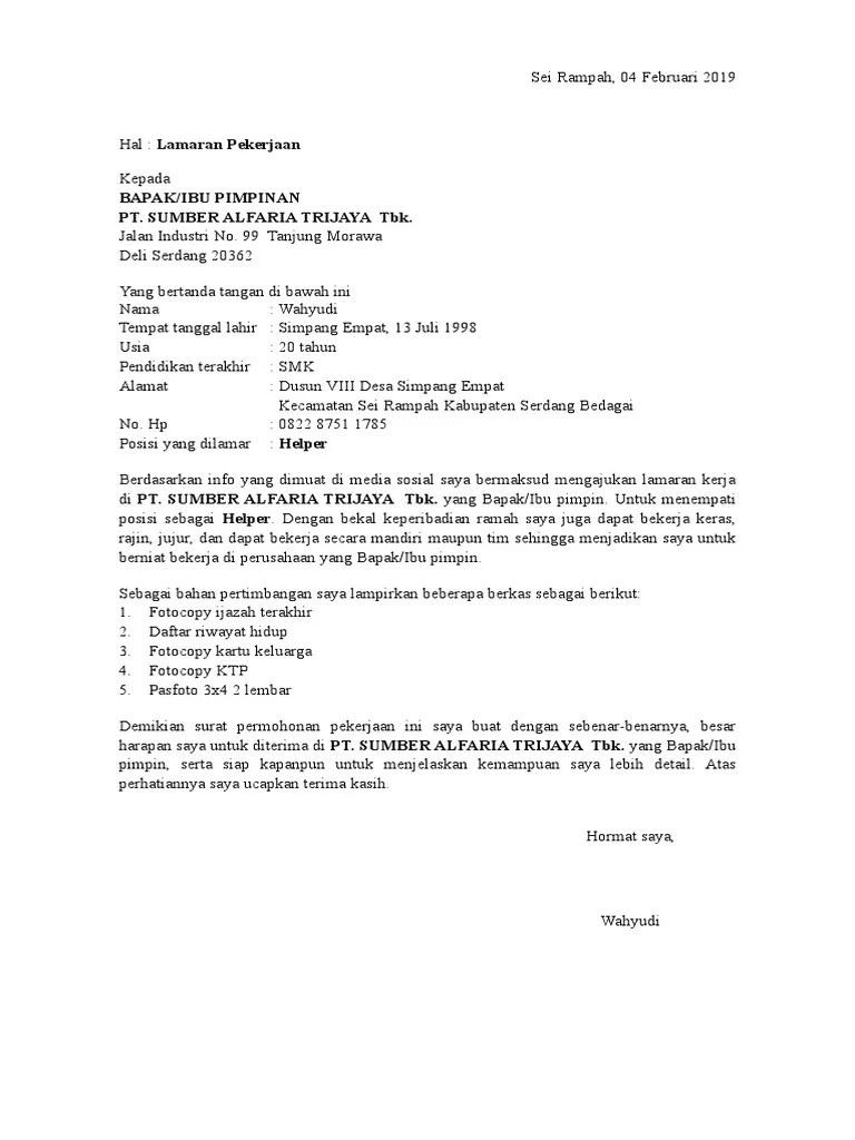 Contoh Surat Lamaran Kerja Di Indomaret Tanjung Morawa Contoh Surat dan Format 2020