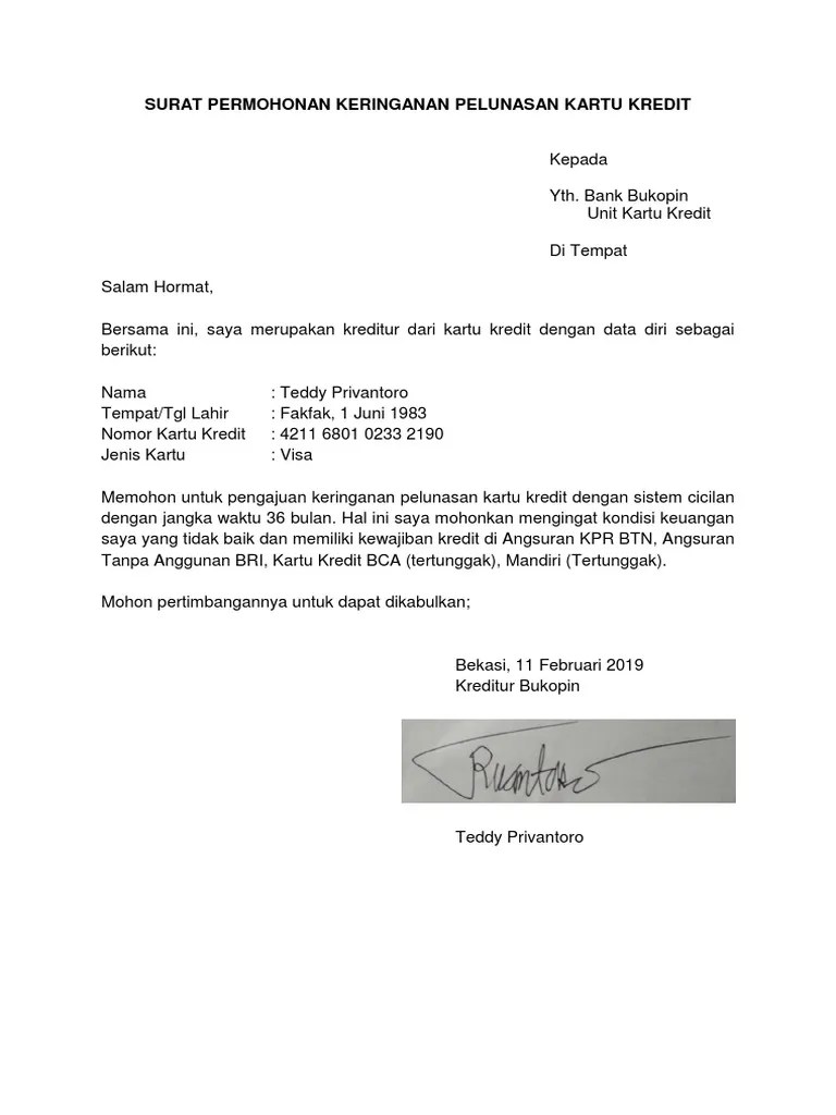 Surat Permohonan Keringanan Pelunasan Kartu Kredit | Pdf