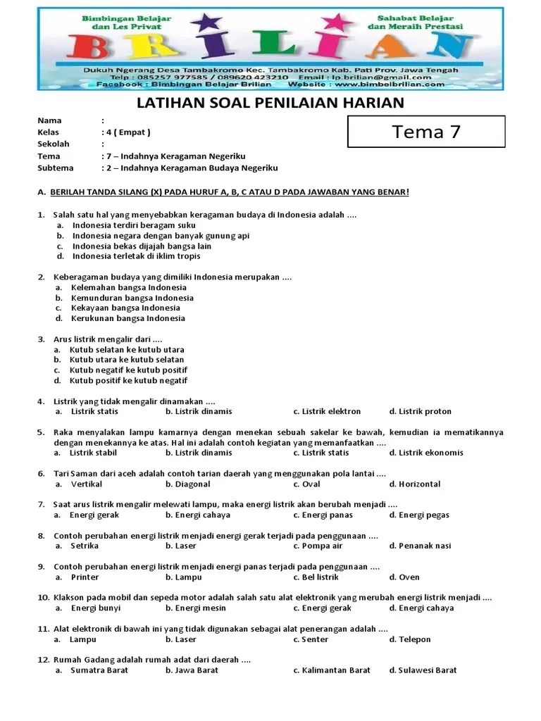 Soal Tematik Kelas 4 SD Tema 7 Subtema 2 Indahnya Keragaman Budaya Negeriku  | PDF