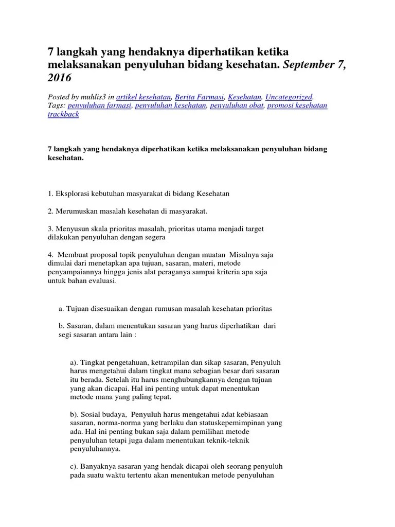 7 Langkah Yang Hendaknya Diperhatikan Ketika Melaksanakan Penyuluhan Bidang  Kesehatan. September 7 | PDF