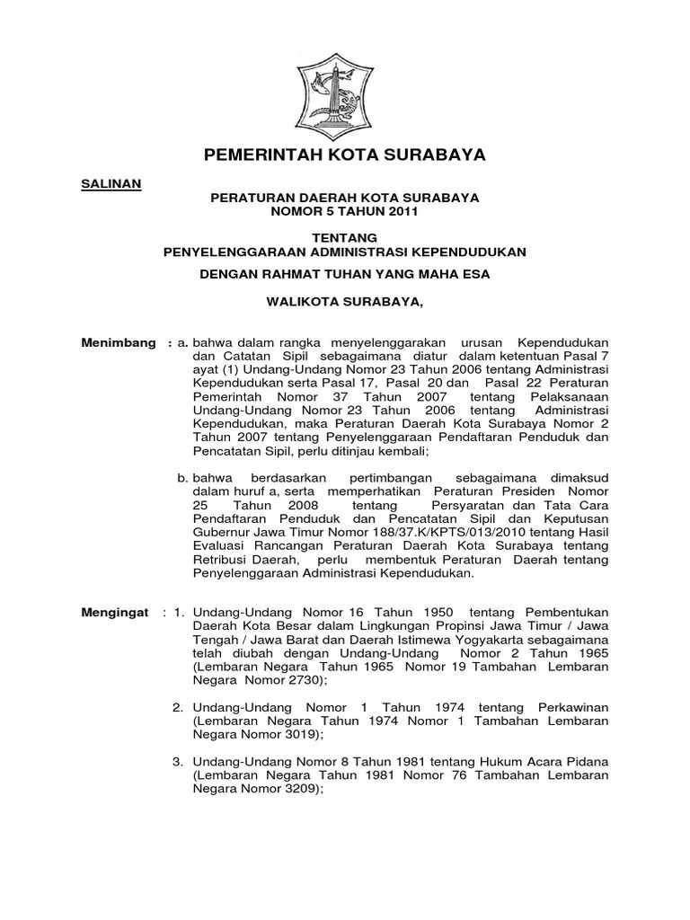 Perda Surabaya No. 5 Tahun 2011 TTG Kependudukan | PDF