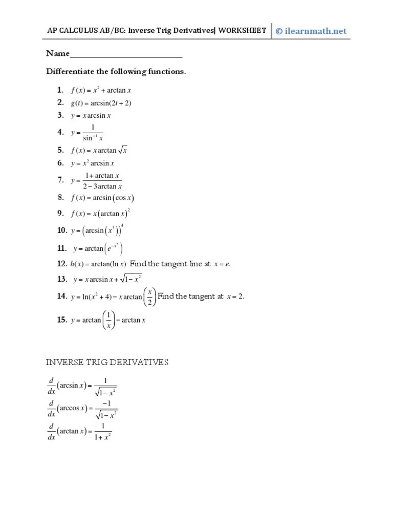 Inverse Trig Derivatives Worksheet 2010 2011 Ap Calculus Ab/bc PDF