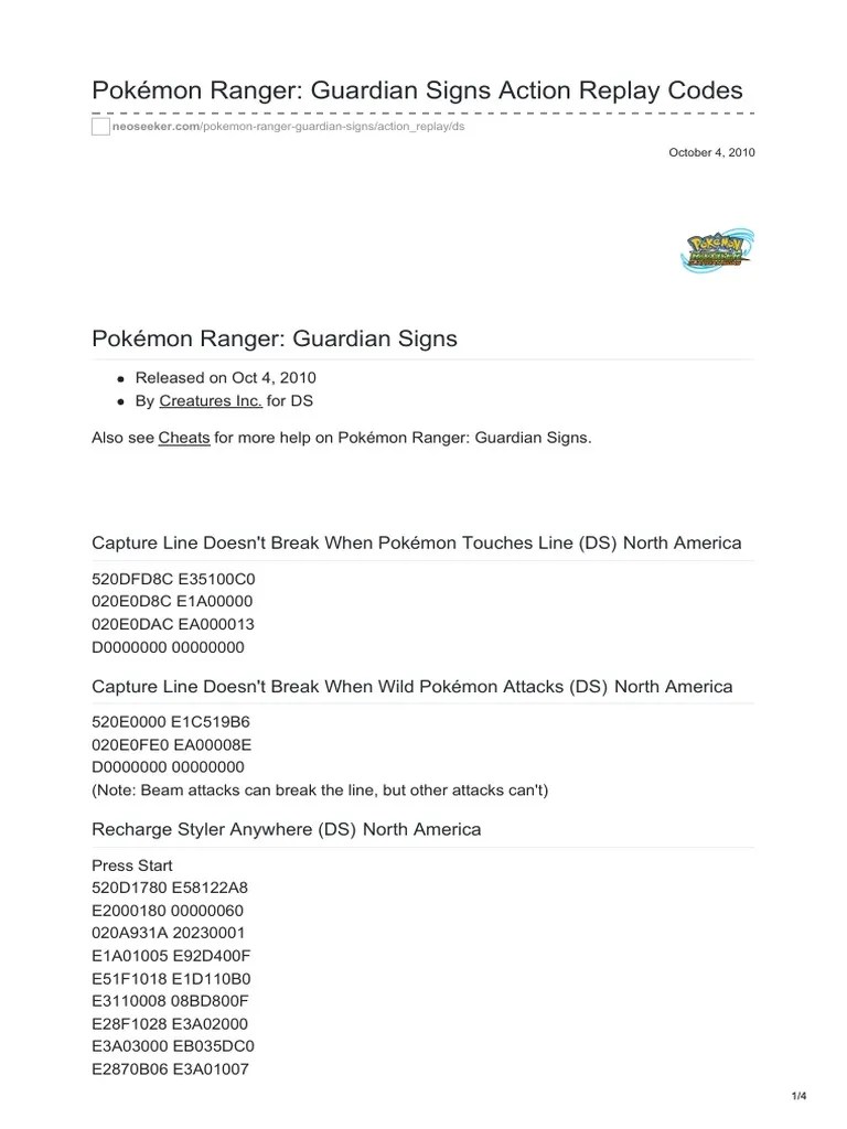 Ranger Guardian Signs Action Replay Codes