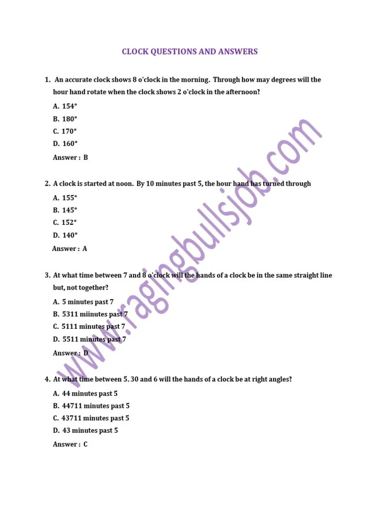 Clock Questions and Answers PDF Clock Hour