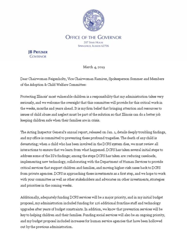 DCFS Committee Letter from Governor Pritzker Child Protective