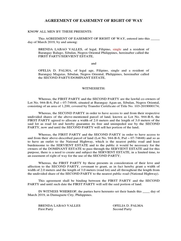 Agreement of Easement of Right of Way Palma PDF Easement Land Lot