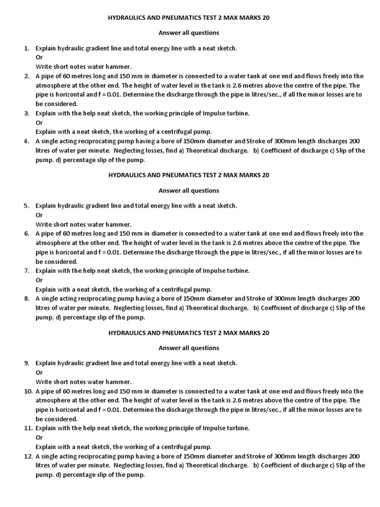 Hydraulics and Pneumatics Test 2 Max Marks 20 Answer All Questions