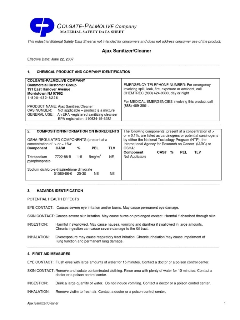 MSDSAjax Sanitizer CleanerPT cp22 Jun 2007 PDF Chlorine Firefighting