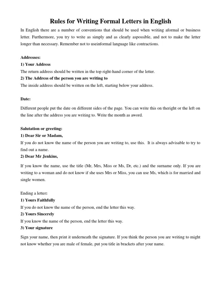 Rules for Writing Formal Letters in English
