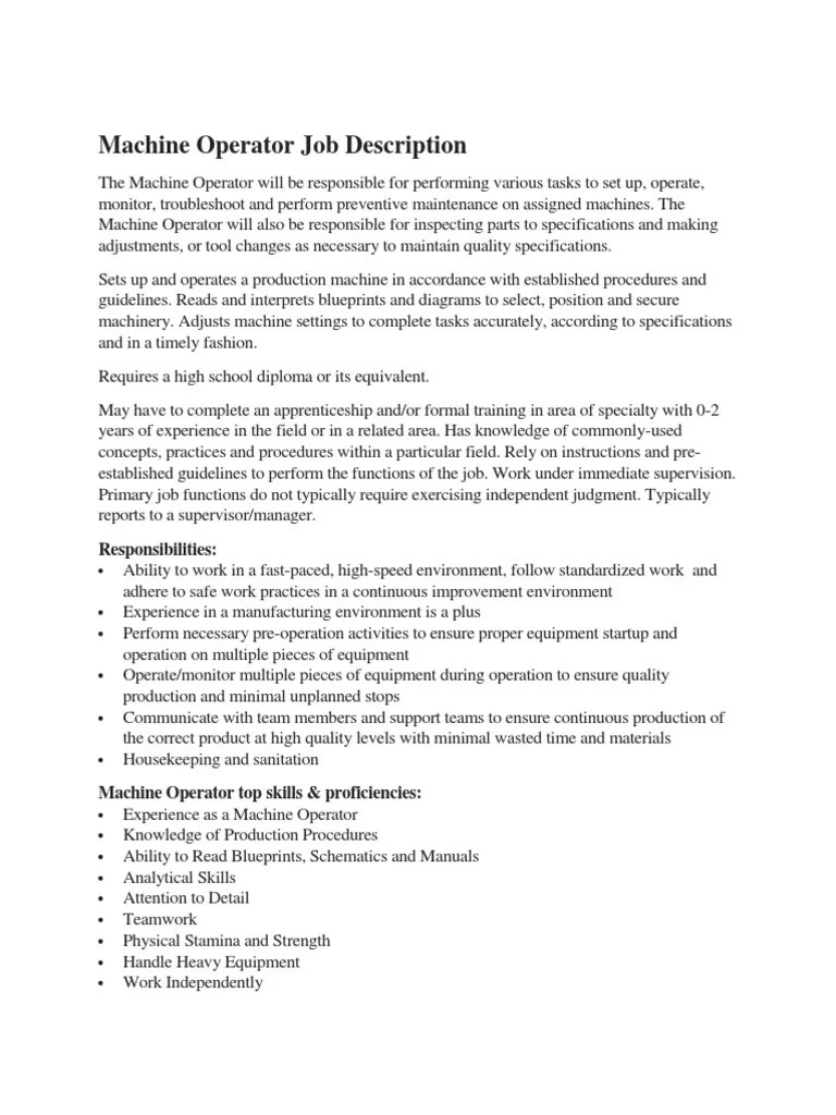 Machine Operator Job Description PDF