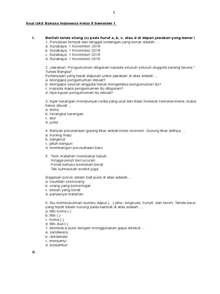Soal Uas Bahasa Indonesia Kelas 7 Semester 1 Dan Kunci Jawaban