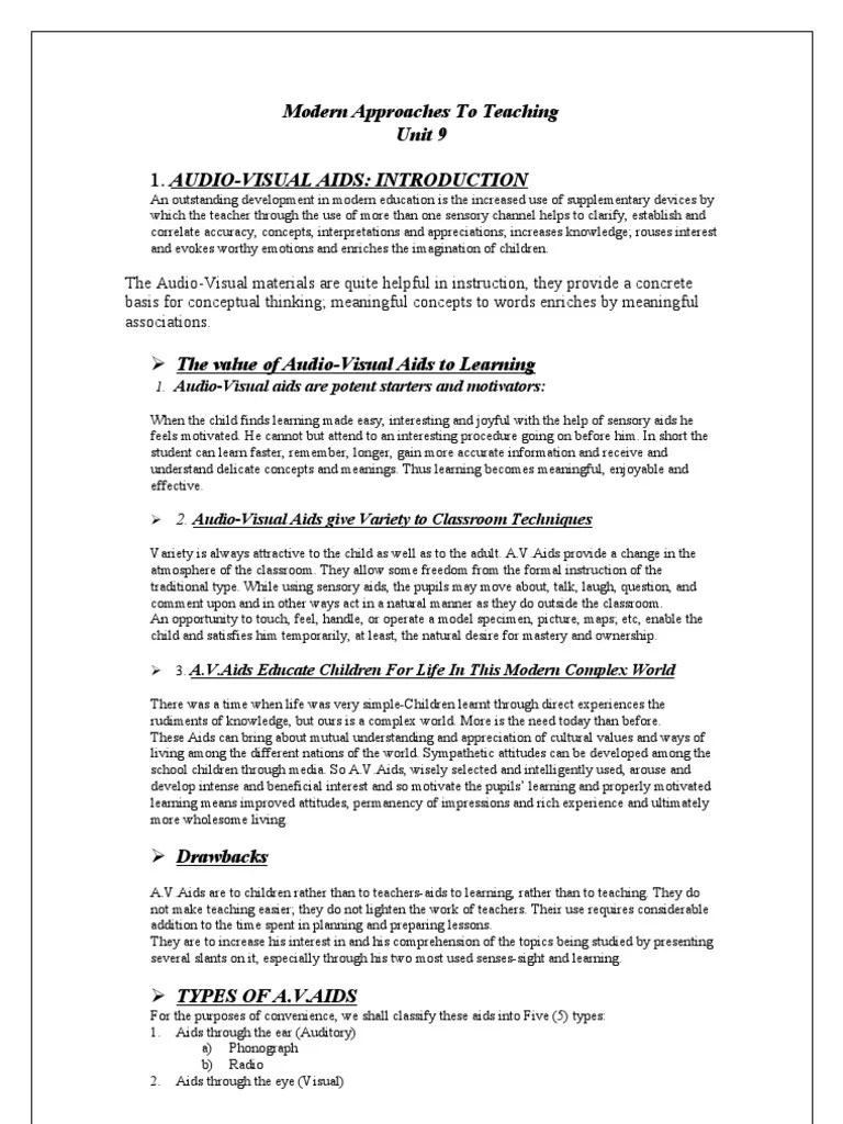 AudioVisual Aids Introduction Modern Approaches To Teaching Unit 9 PDF Teachers Classroom