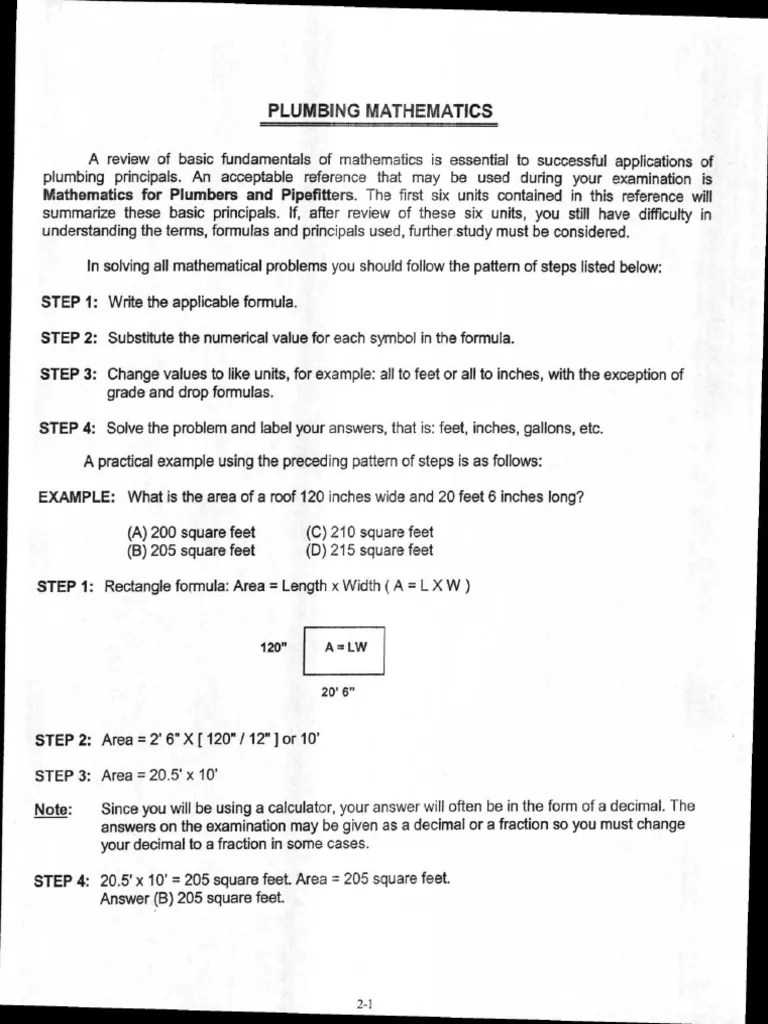 Plumbing Mathematics Reference Sheet PDF Area Gallon