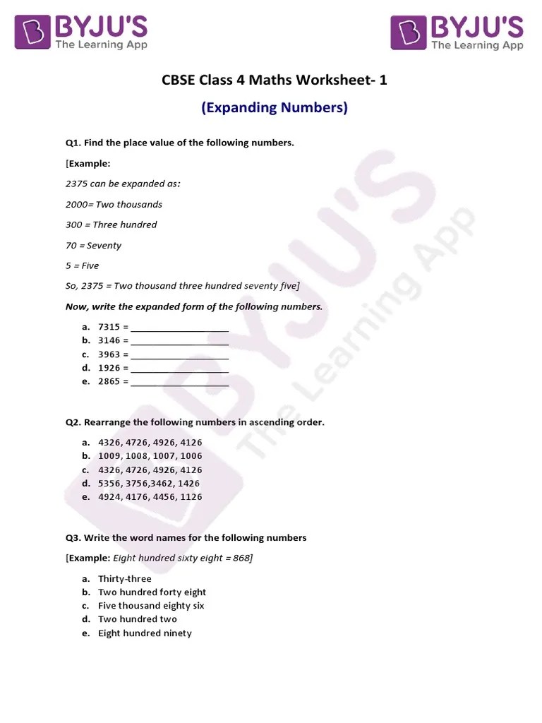 CBSE Class 4 Maths Worksheet 1 PDF