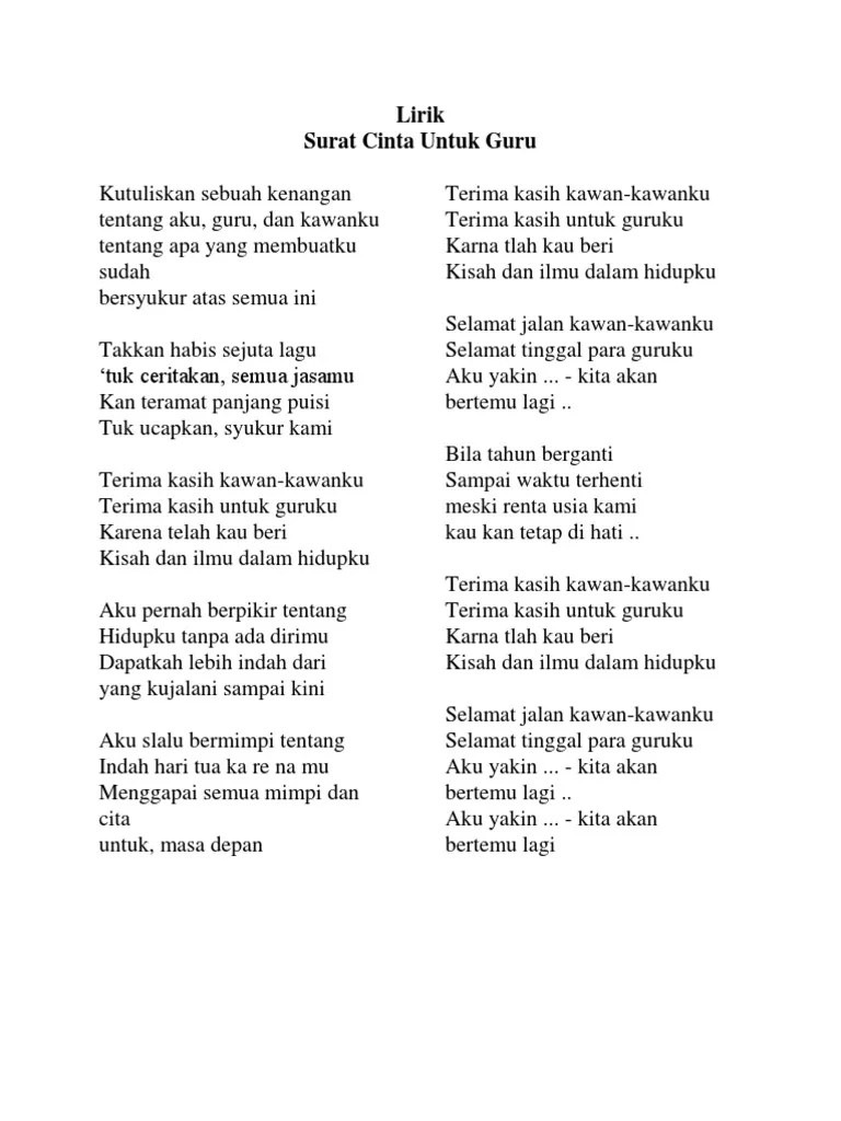 Lirik Lagu Surat Cinta Untuk Guru Bagi Contoh Surat