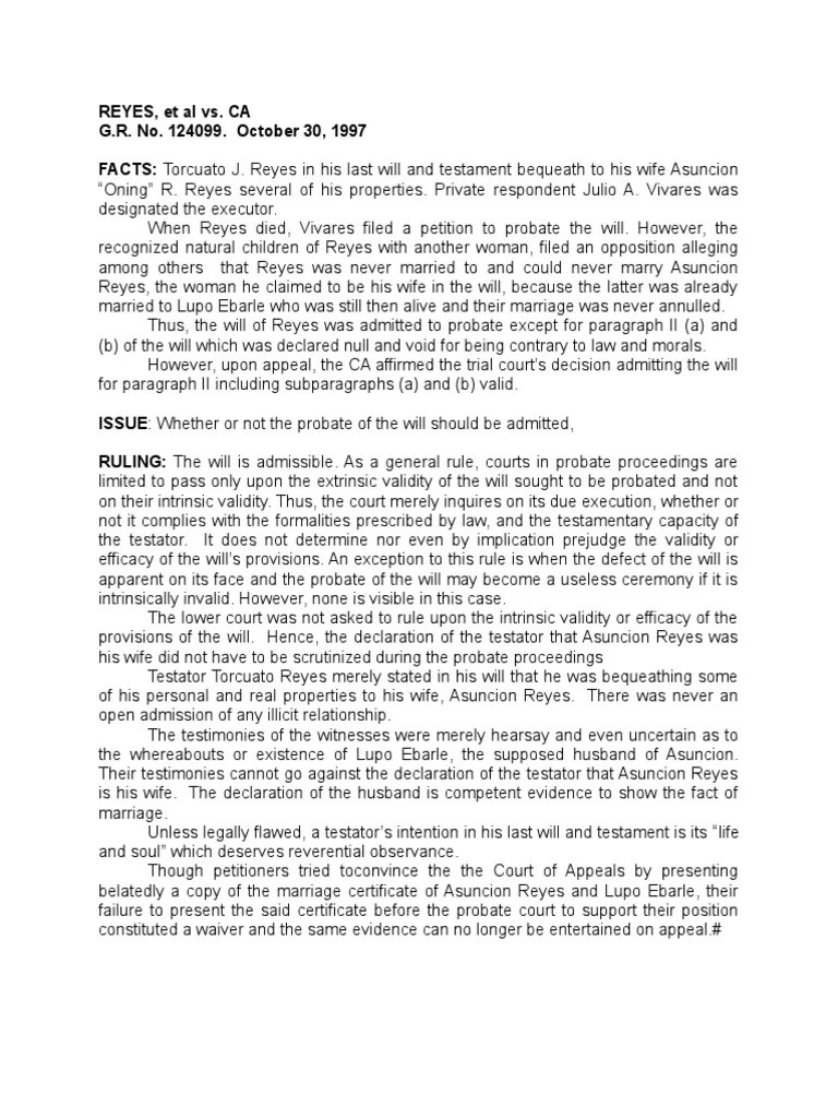 Reyes vs. Ca (Digest) PDF Will And Testament Probate