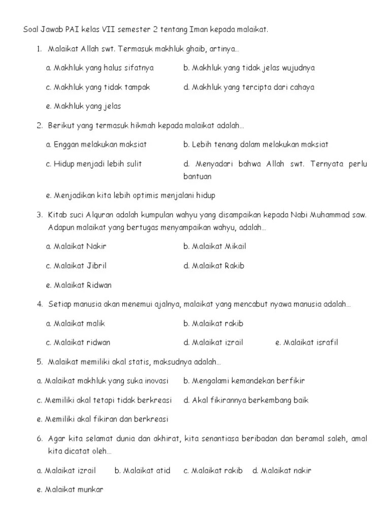 Soal Jawab PAI Kelas VII Semester 2 Tentang Iman Kepada Malaikat | PDF