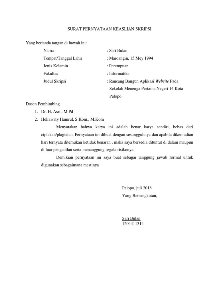 Surat Pernyataan Keaslian Skripsi | Pdf