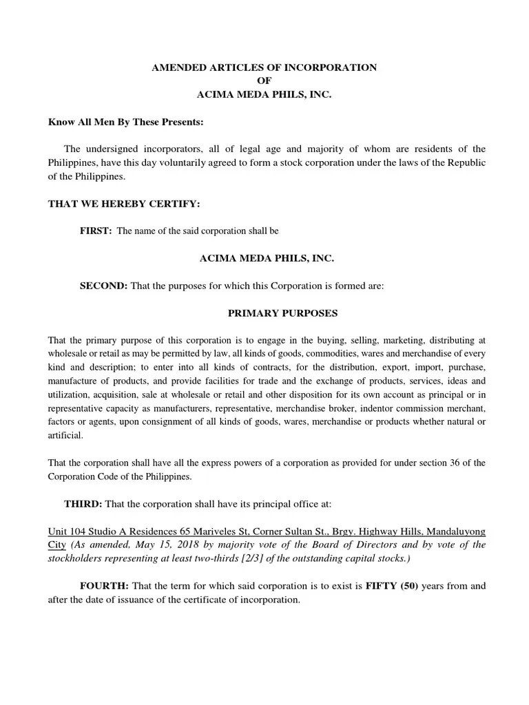Amended Articles of Incorporation Acima (Version 1) PDF