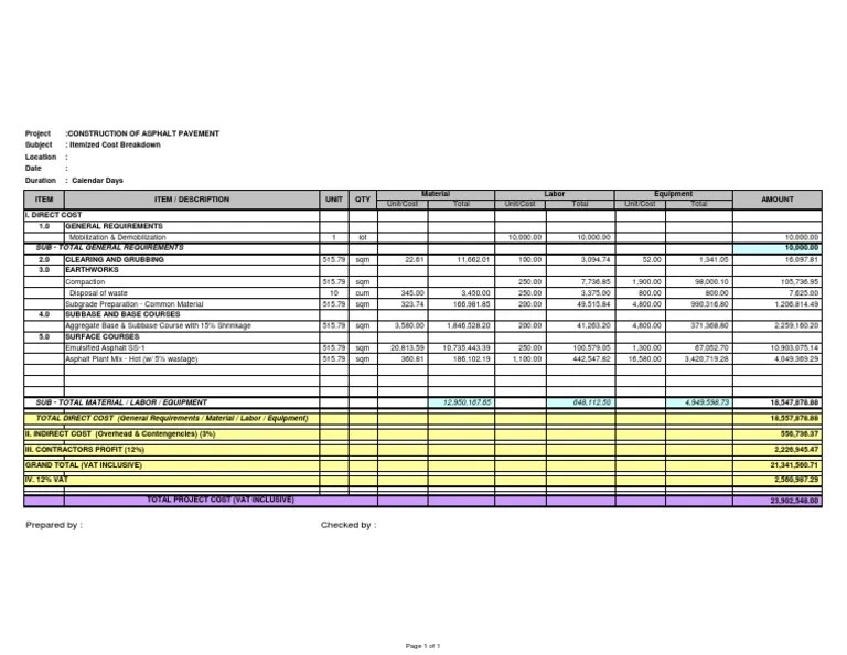Asphalt Pavement Itemized Breakdown Rev1 PDF Road Surface Floors