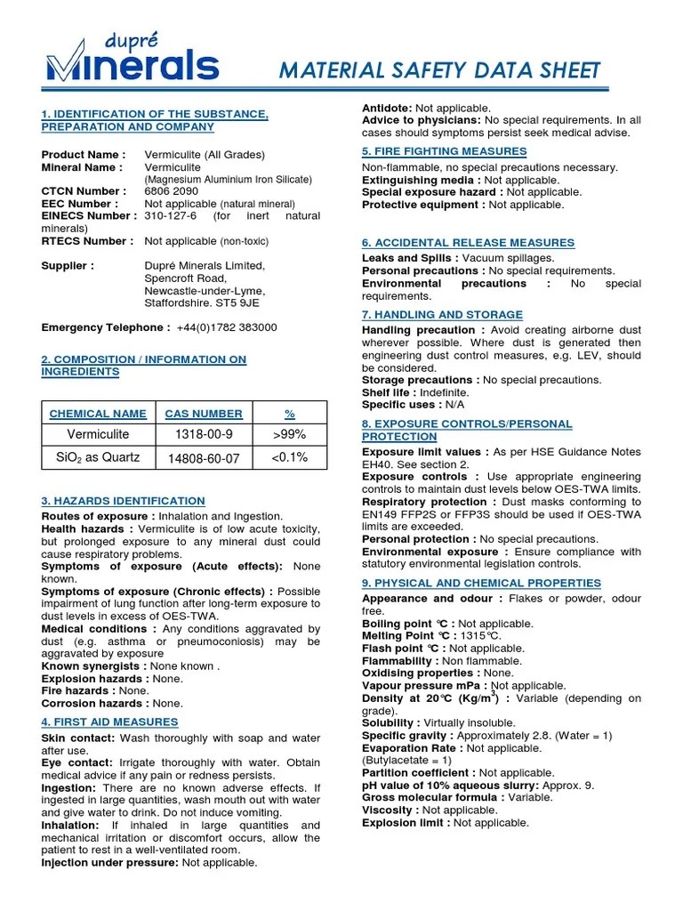 Material Safety Data Sheet (Magnesium Aluminium Iron Silicate
