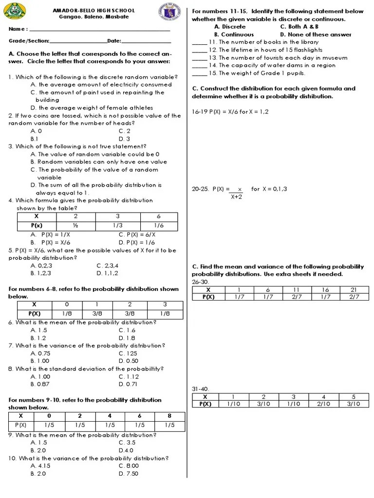 STATISTICS & PROBABILITY SUMMATIVE TEST Probability Distribution