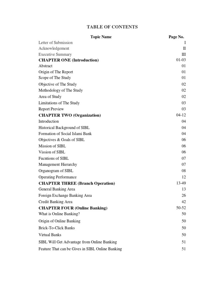 Internship Report, Table of Content Economies Business