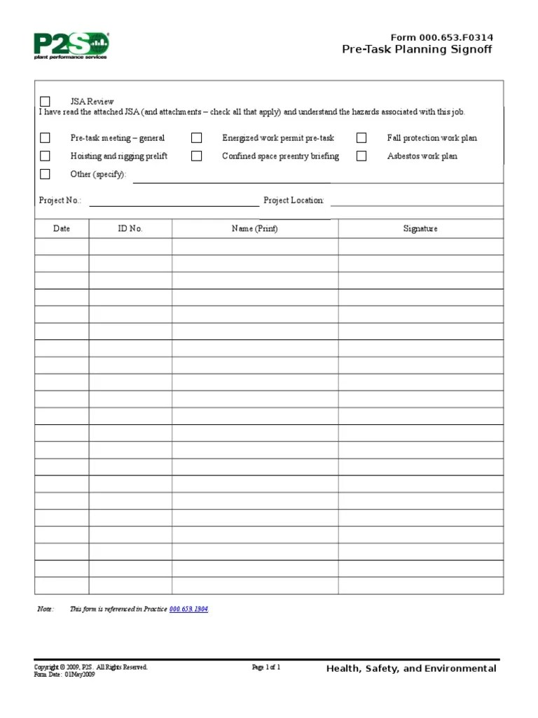 Pre Task Plan Signoff F0314 Safety Occupational Safety And Health