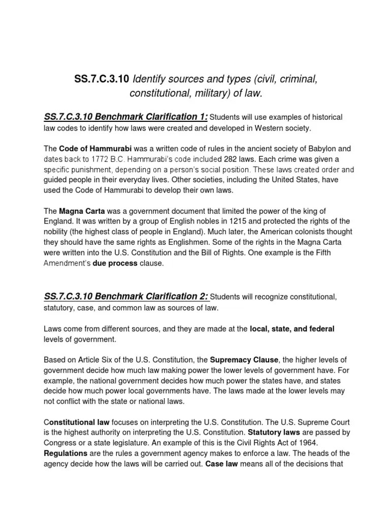 SS.7.C.3.10 Identify Sources and Types (Civil, Criminal, Constitutional, Military) of Law PDF
