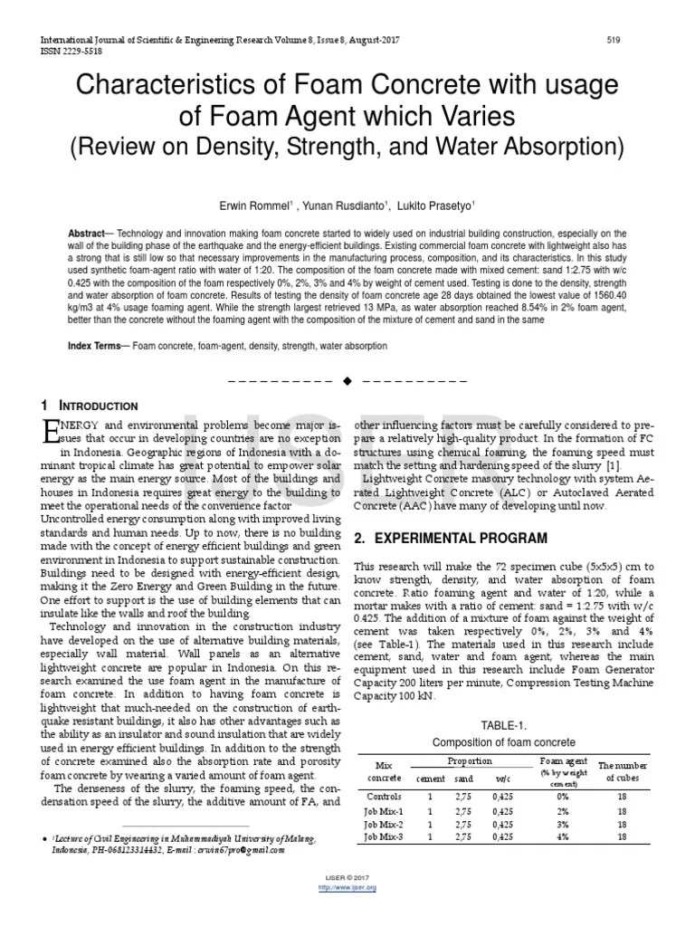 Characteristics of Foam Concrete With Usage of Foam Agent Which Varies