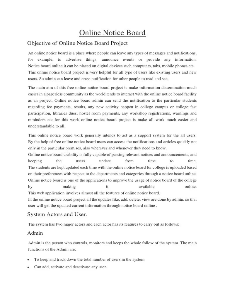 Objective of Online Notice Board Project PDF Online And Offline