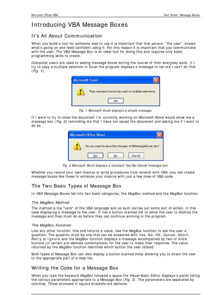 Message Boxes VBA Visual Basic For Applications Microsoft Excel