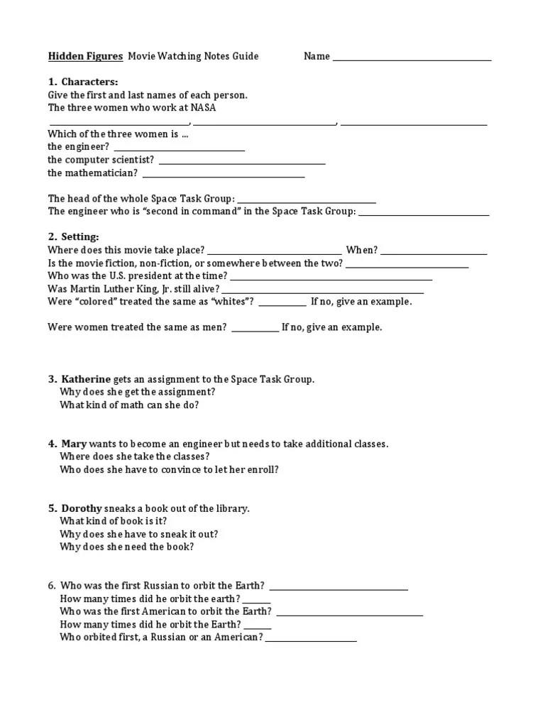 Hidden Figures Movie Watching Guide and Assessment Hidden Figures