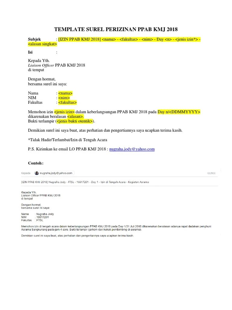Template Surel Perizinan Ppab KMJ 2018 | PDF