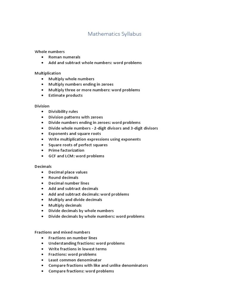 Mathematics Syllabus Grade 6 PDF Fraction (Mathematics) Numbers