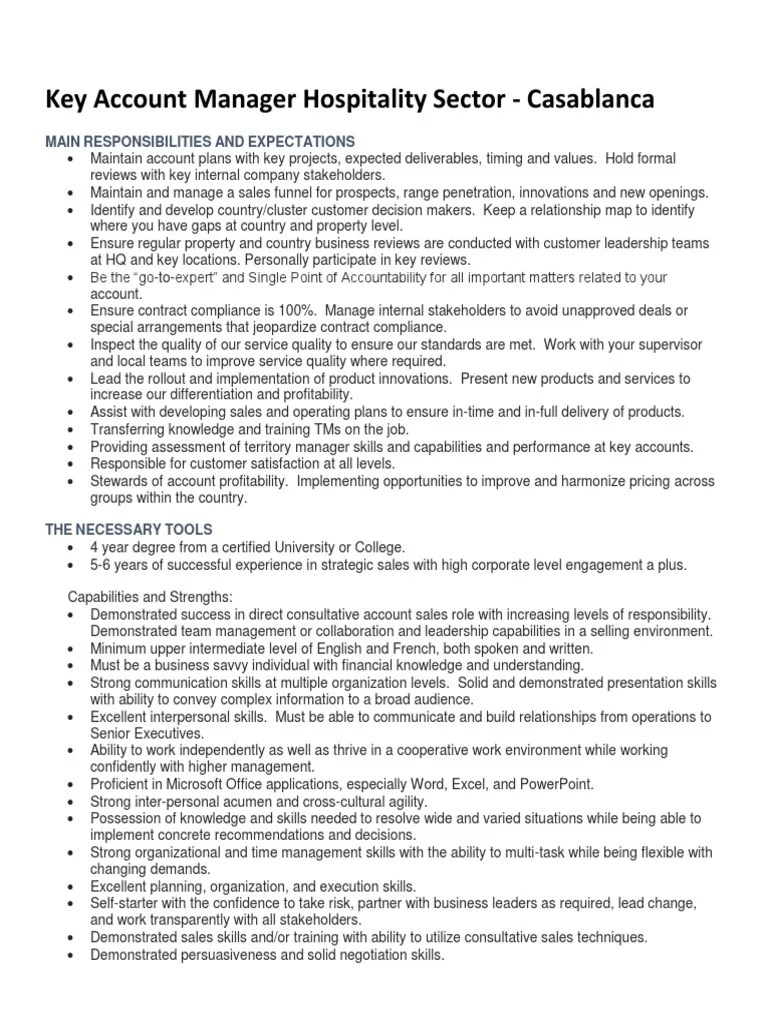 Key Account Manager Hospitality Sector Job Description