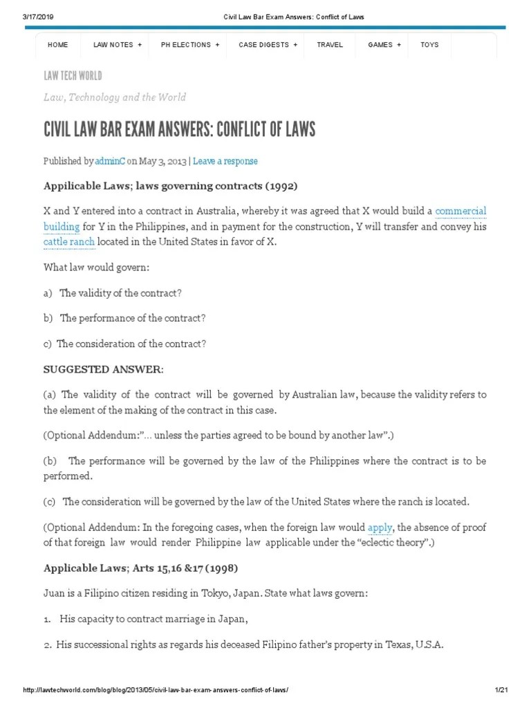 Civil Law Bar Exam Answers Conflict Of Laws Will And Testament