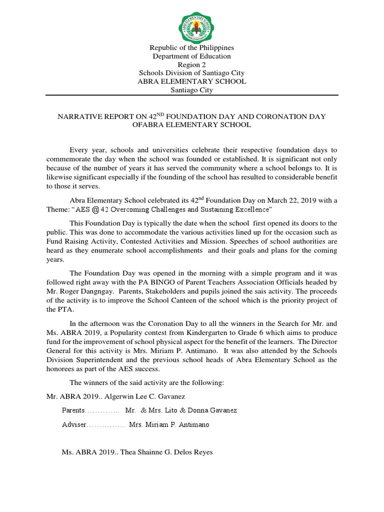 Narrative Report Foundation Day PDF Educational Organizations