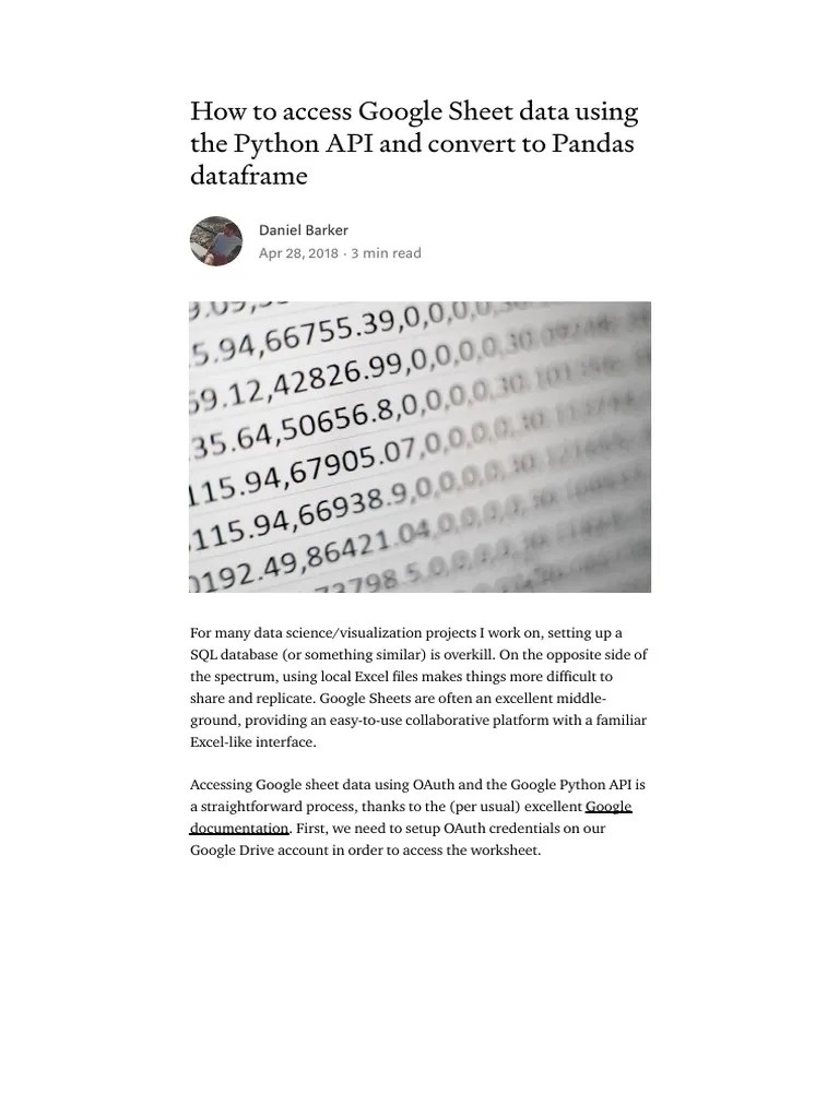 How To Access Google Sheet Data Using The Python API and Convert To Pandas Dataframe PDF