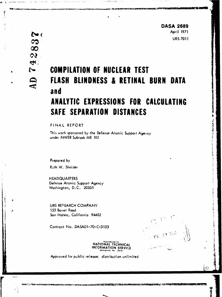 Retinal Burn and Flash Blindness Data For Nuclear Tests PDF Human