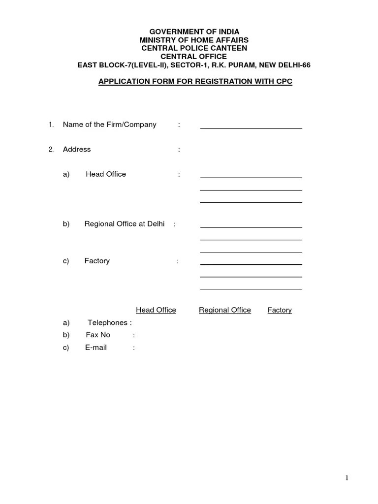 Form For Registration of New Firm Centeral Police Canteen PDF Taxes