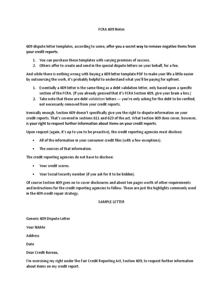 Generic 609 Credit Dispute Letter PDF Credit History Credit Score