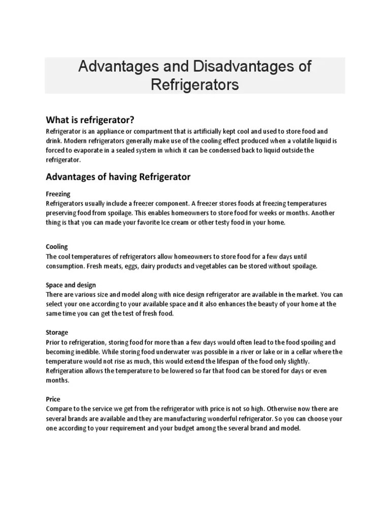 Advantages and Disadvantages of Refrigerators PDF Refrigerator