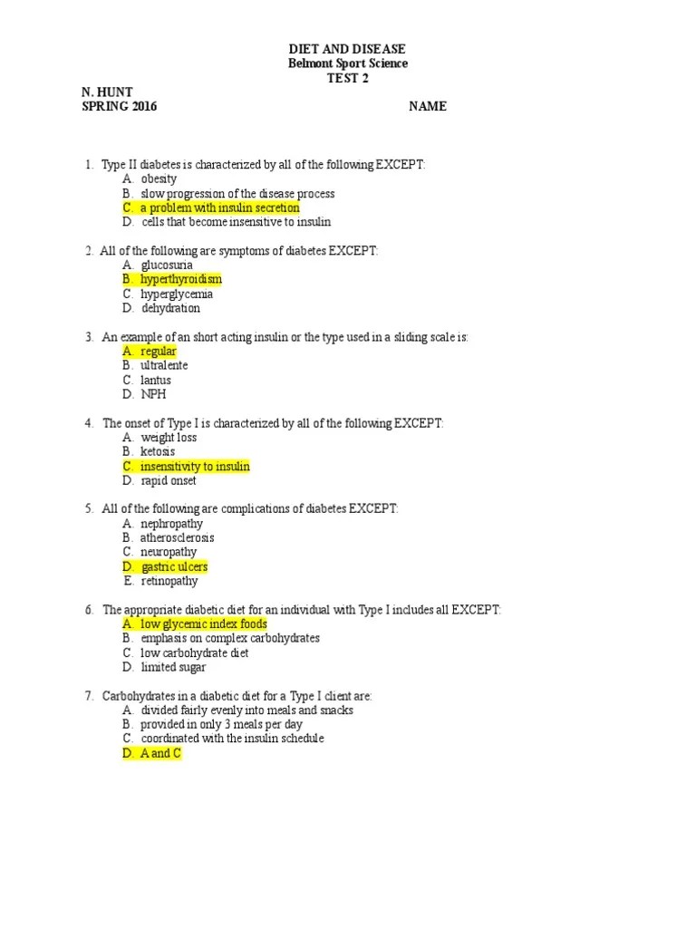 Nutrition exam Multiple choice Diabetes Mellitus Type 2 Hypoglycemia