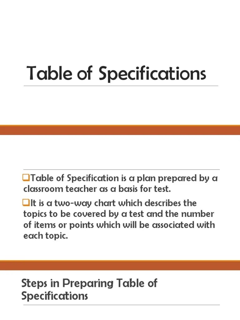 Table of Specifications PDF Question Understanding