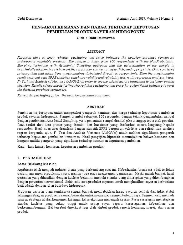 Jurnal Didit Pengaruh Kemasan Dan Harga THD Keputusan Pembelian Produk  Sayuran Hidroponik | PDF