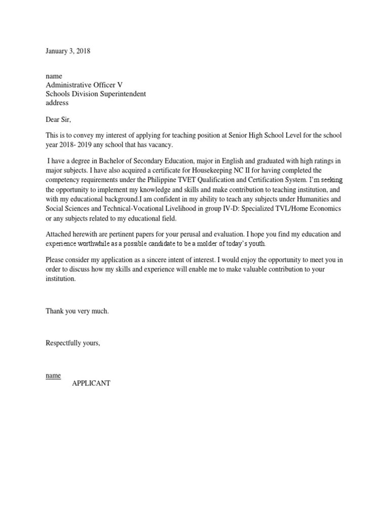 Letter Of Intent For Teacher 1 Senior High School Applicant | Images