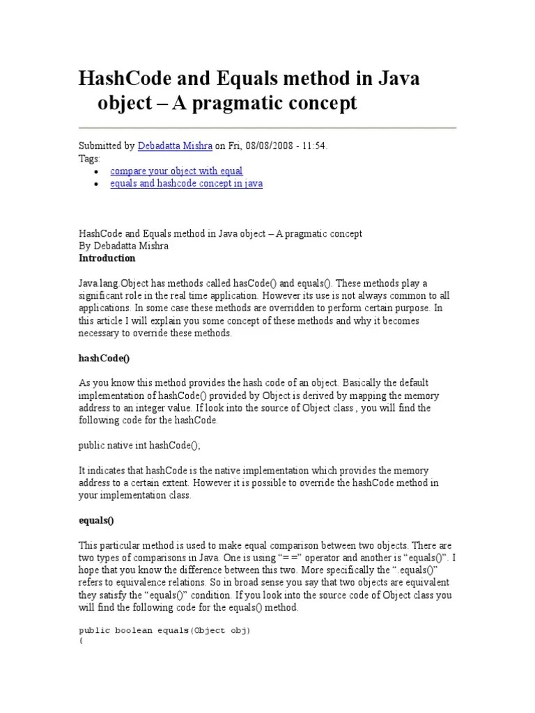 HashCode and Equals Method in Java Object PDF Method Programming) Theoretical