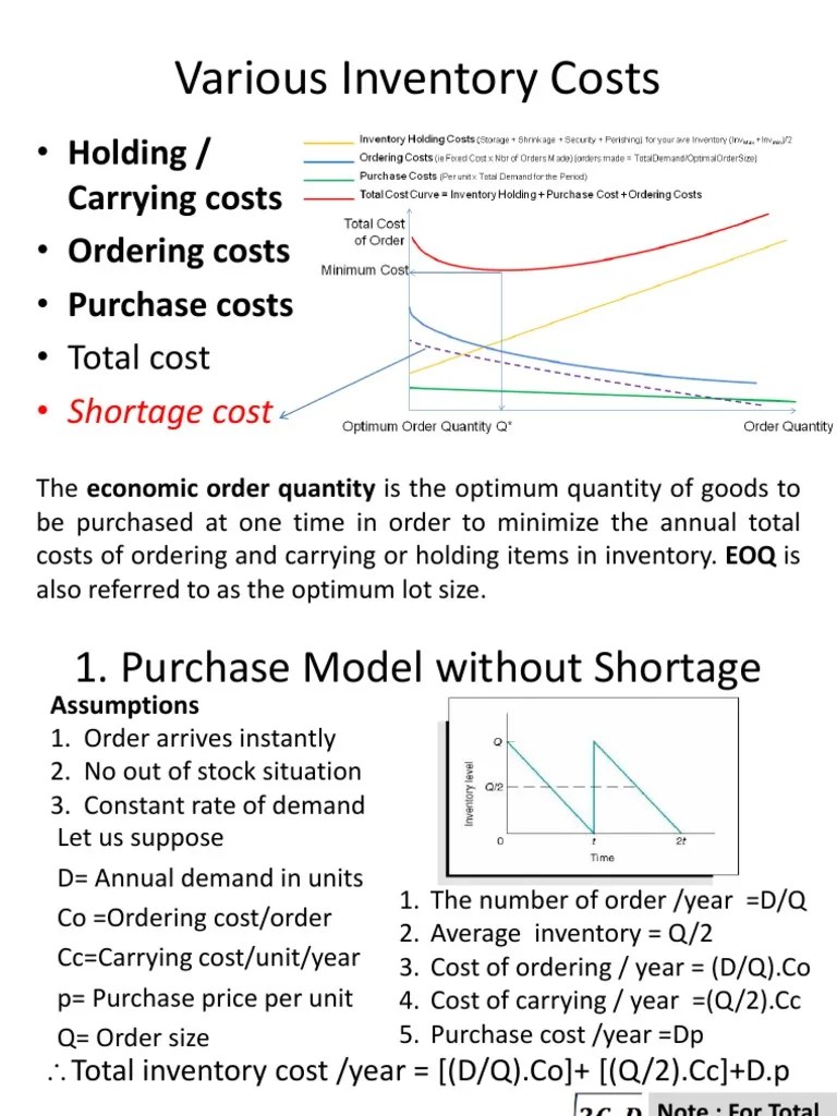 Various Inventory Costs • Holding / • Ordering costs • Purchase costs